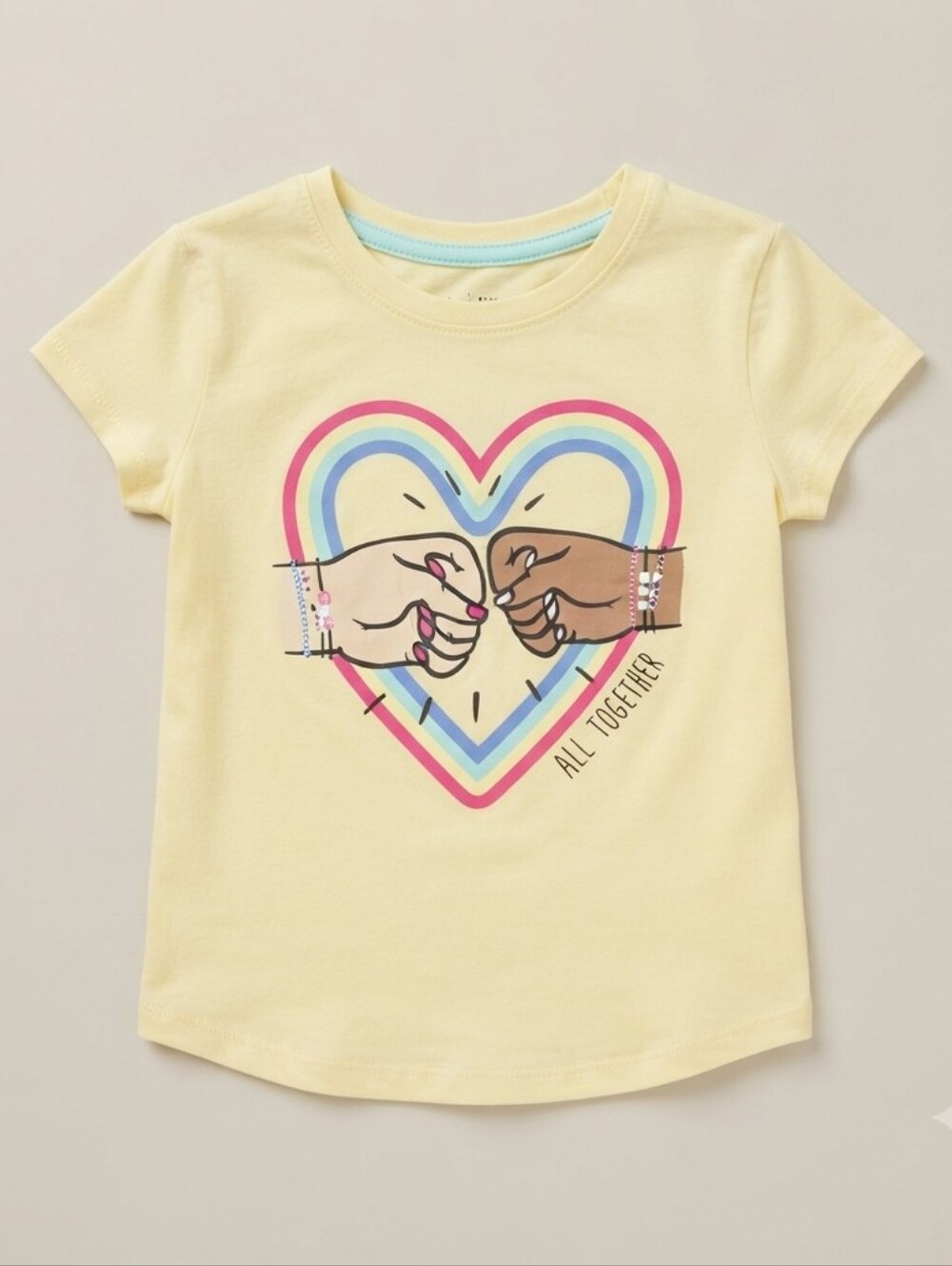 Wonder Nation Girls' T-Shirt Size M (7-8) Yellow "All Together" Fist Bump Graphi